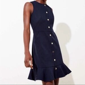 Loft sz8p navy gold button shift dress with bottom ruffle